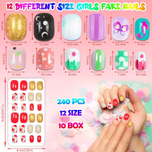 Vista 2 de 240 piezas de uñas postizas para niñas, uñas artificiales para niñas, uñas postizas de presión para niñas, uñas de acrílico de cubierta completa