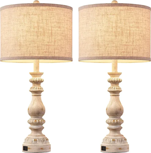 Vista 9 de Juego de 2 Lámparas de Mesita de Noche Estilo Granja para Dormitorio con Puertos USB A+C, Lámparas de Mesa Rústicas Vintage de 28" para Sala