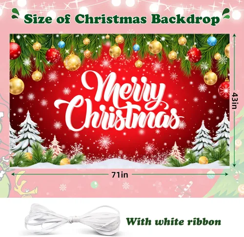 Vista 2 de Pancarta de Feliz Navidad de 71 x 43 Pulgadas Decoración – Fondo Grande Rojo de Fotografía de Navidad para Interiores y Exteriores, Decoraciones