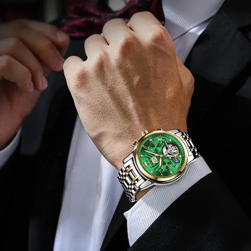Vista 2 de OLEVS - Reloj automático para hombre con diseño de esqueleto de 5 manecillas clásico de lujo multicalendario de acero inoxidable impermeable