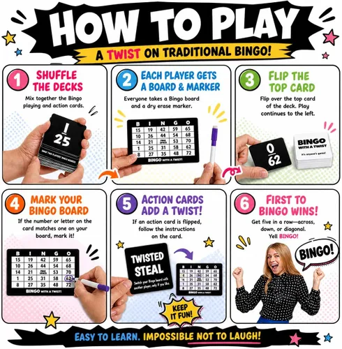 Vista 2 de Juego de Fiesta Bingo con un Giro, Bingo con Cartas de Acción, Giro Divertido, Cartas de Acción con Bloquear, Intercambiar y Robar, No Más Pelotas