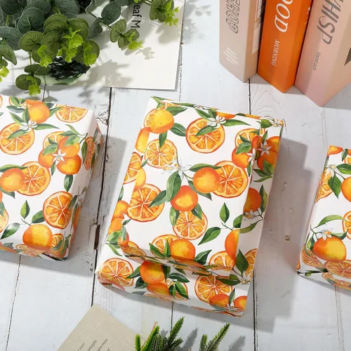 Vista 5 de Papel de regalo naranja, papel de regalo de frutas cítricas, papel de regalo plegado a granel, plano mandarina, para cumpleaños, baby shower