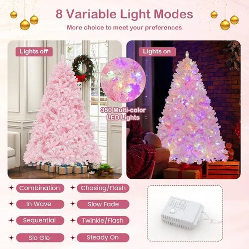 Vista 3 de Goplus Árbol de Navidad artificial preiluminado rosa de 6 pies, árbol de Navidad artificial con bisagras con nieve artificial con 808 puntas