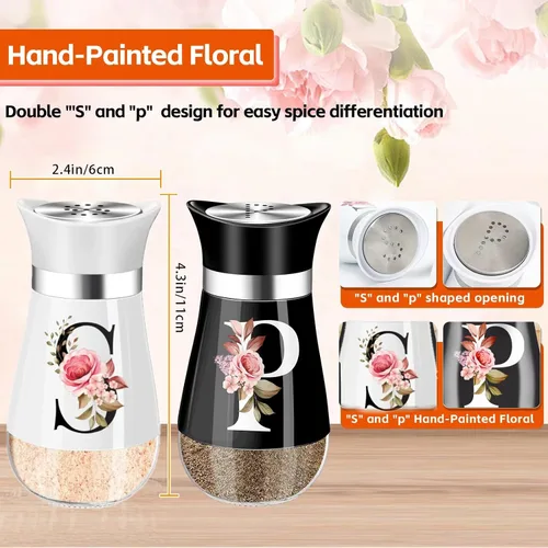 Vista 2 de Juego de salero y piminero, decoración de cocina negra de 4 oz, dispensador de especias clásico de acero inoxidable y vidrio, diseño recargable