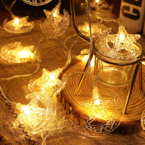 Vista 8 de Guirnalda de luces de Ramadán, estrella, luna, 10 pies, 20 luces LED, funciona con pilas, con 2 modos de iluminación, decoración de Ramadán Kareem