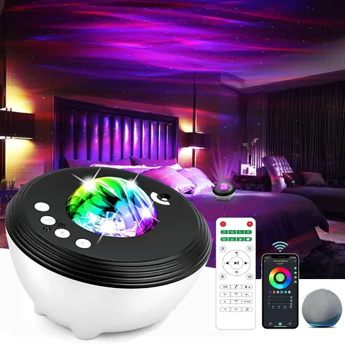 Vista 8 de Proyector de luz de galaxia del norte, proyector Star Aurora con ruidos blancos, control remoto y temporizador, altavoz Bluetooth, proyector