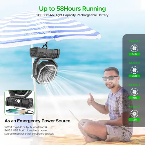 Vista 2 de Ventilador recargable de camping con linterna LED, 20,000 mAh, ventilador de escritorio auto-oscilante recargable con batería, control remoto