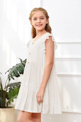 Vista 2 de Mafulus Vestido de manga con volantes para niñas, cuello en V, botones, escalonado, acampanado, vestido de verano para la playa, 5-14T