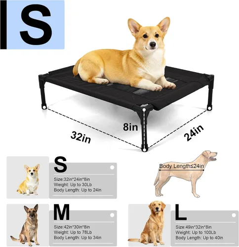 Vista 8 de Cama elevada para perros al aire libre, cuna elevada portátil con refrigeración, cama lavable para mascotas, perros pequeños, color negro