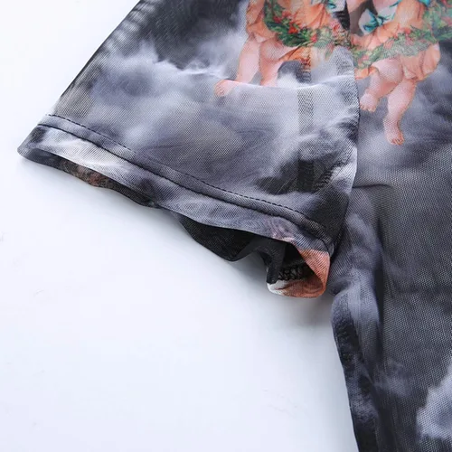 Vista 5 de HitZoom Blusa corta de malla con bordado de diablo transparente para mujer