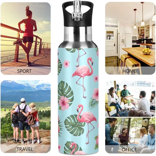 Vista 5 de Insulated Water Bottle 32 Oz, BPA-Free Sport Water Bottle Insulated for Gym Outdoor Travel School, Tropical Pink Flamingos Blue