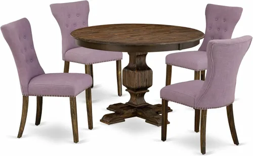 Vista 18 de East West Furniture F2GA5-740 - Juego de mesa de cocina de 5 piezas para 4 personas, incluye una mesa de comedor redonda con pedestal y 4 sillas