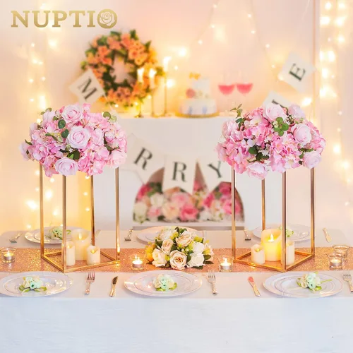 Vista 3 de NUPTIO Jarrón rectangular de metal dorado, 2 piezas de 15.75 pulgadas de alto, elegante centro de mesa floral para boda, casa nueva, día