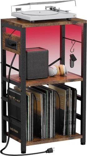 Vista 16 de YAKANJ Mesa Auxiliar con Soporte para Guitarra, Soporte para Tocadiscos, Almacenamiento para Discos de Vinilo, Soporte de 2 Niveles para Guitarra