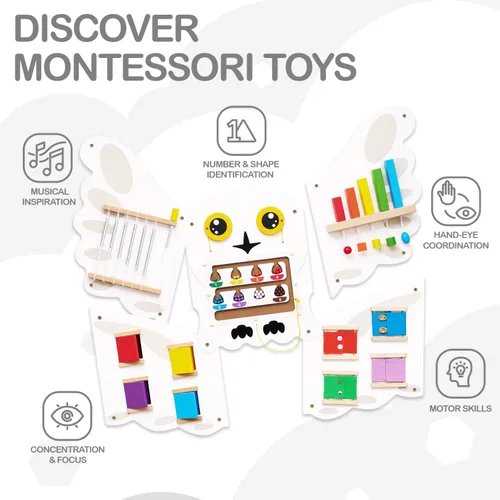 Vista 4 de Monläurd® Tablero Ocupado Montessori de Búho - Panel de Pared Sensorial para Niños Pequeños, Tablero de Actividad de Madera para Niños de 6M+