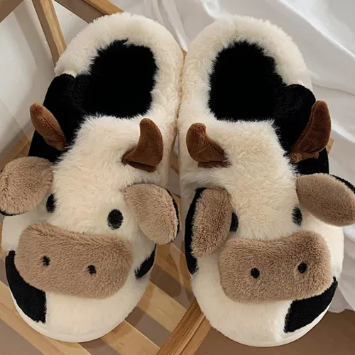 Vista 2 de Pantuflas de vaca para mujeres y hombres, bonitas pantuflas peludas de animales, felpa de algodón, para invierno, interiores y exteriores, suaves