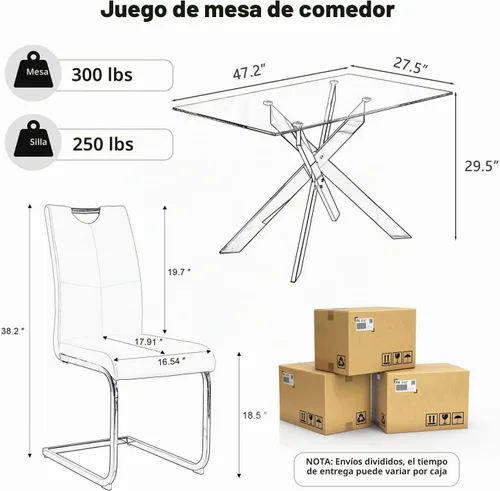 Vista 2 de Juego de mesa de comedor de 5 piezas para 4, mesa rectangular moderna de cristal con 4 sillas tapizadas de cuero, juegos de mesa y sillas de comedor