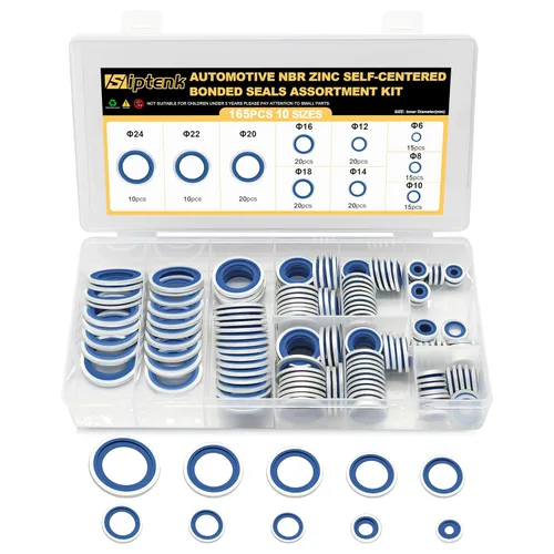 Vista 10 de Siptenk Juego de 165 arandelas de sellado autocéntricas automotrices surtidas de metal chapado en zinc negro NBR Dowty sellando junta tórica Juego