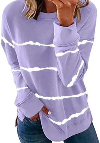 Vista 2 de Camisetas para mujer, blusas de manga larga para mujer, camisas con estampado a rayas, sueltas, sudadera simple con cuello redondo 2023