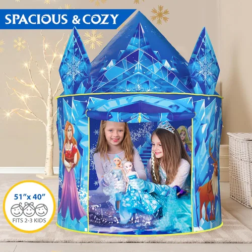 Vista 4 de W&O Tienda de campaña de princesa congelada para niñas con botón de sonido mágico, luces LED, corona y varita – Tienda de campaña congelada