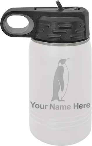 Vista 11 de LaserGram Botella de agua personalizada, pingüino, acero inoxidable de doble pared aislada al vacío con popote superior, regalo grabado