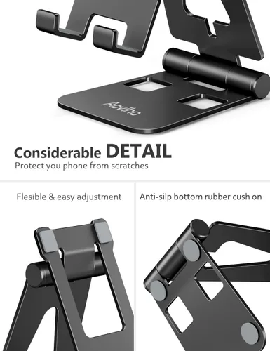 Vista 3 de Aoviho Soporte plegable para teléfono celular para escritorio, soporte ajustable para oficina, videollamadas y transmisión, base de teléfono de Negro