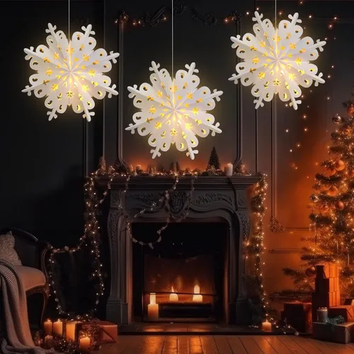 Vista 7 de Mudder 3 linternas de copo de nieve de papel de Navidad con 5 luces LED de 23.6 pulgadas, lámparas colgantes blancas 3D de copo de nieve
