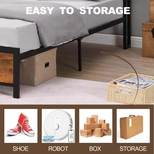 Vista 6 de Base de cama de plataforma de metal de tamaño matrimonial con cabecero y estribo de madera con luces USB y LED, no necesita somier, gran