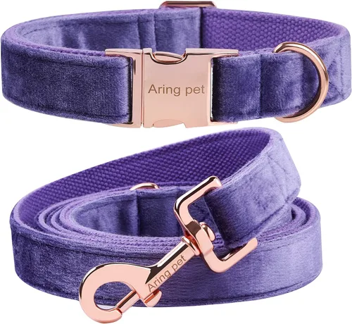Vista 20 de ARING PET Collar y correa para perro, juego de collar y correa de terciopelo para perro, suave y cómodo, collares ajustables para perros