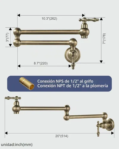 Vista 5 de WOWOW Grifo de llenado de ollas de bronce antiguo, grifo de cocina de montaje en pared de latón con brazos oscilantes de doble junta