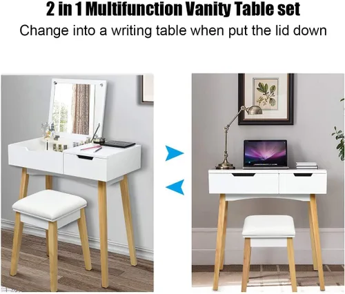 Vista 5 de LUARANE - Juego de tocador de tocador, tocador de madera con espejo abatible y taburete acolchado, aplicación multifuncional para dormitorio, baño