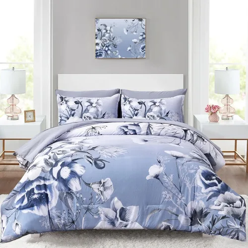 Vista 20 de Luxudecor Juego de edredón floral tamaño individual de 7 piezas, cama de flores aguamarina en una bolsa, elegante edredón floral degradado con juego