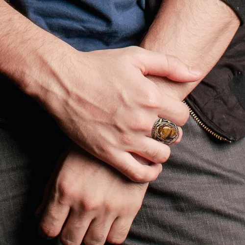 Vista 8 de LOLIAS 3 anillos de acero inoxidable con sello para hombre, anillo retro vintage con piedra de ojo de tigre, anillos de banda de nudo celta negro