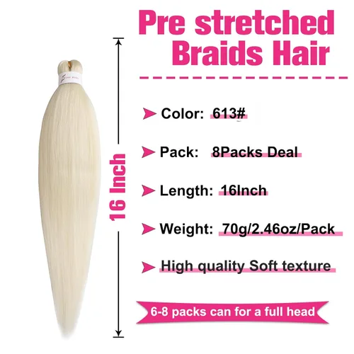 Vista 2 de Unionbeauty - Cabello trenzado preestirado de 16 pulgadas, 8 paquetes de cabello rubio trenzado con agua caliente, textura Yaki, trenzas