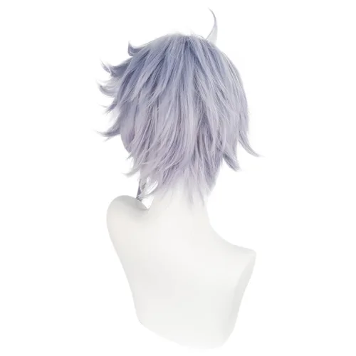 Vista 5 de JoneTing Azul Ashengrotto Peluca + Gorro para el cabello Peluca gris púrpura Anime Cosplay peluca sintética corta púrpura claro ondulado pelucas