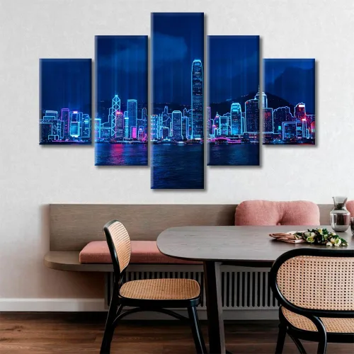 Vista 263 de Cuadros de 5 paneles de Cyberpunk City, arte de pared, representación de vallas publicitarias, edificios modernos en la capital con obras de arte