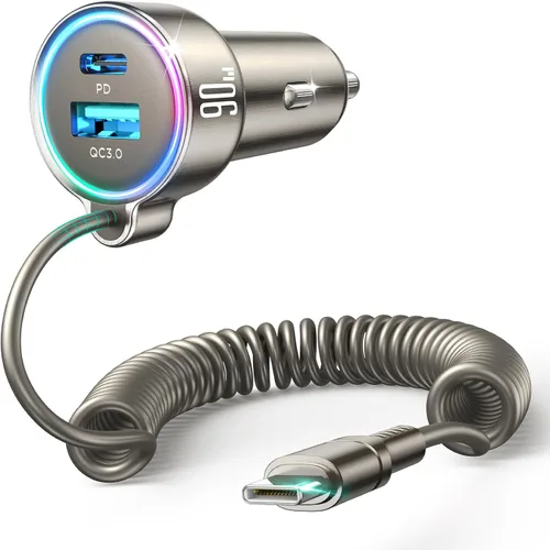 Vista 10 de Cargador de Coche USB C 90W para iPhone 17/16 Pro Max, PD & QC3.0 con Cable Enrollado de 45W de 5 pies, Adaptador de Carga Rápida para Coche