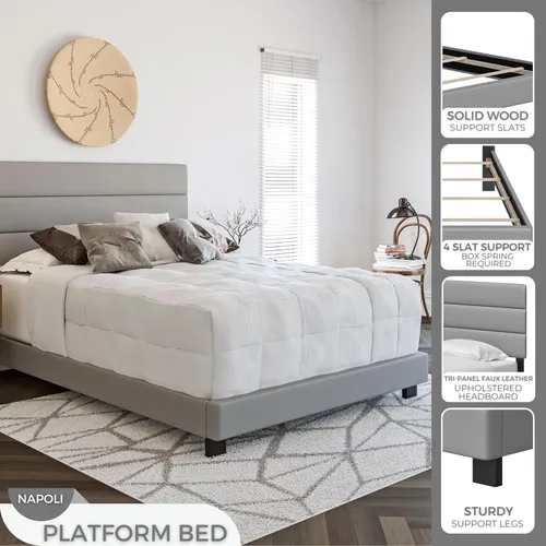 Vista 9 de Boyd Sleep Napoli - Marco de cama plataforma de cuero vegano gris tamaño King totalmente tapizado con cabecero ajustable - Se requiere somier
