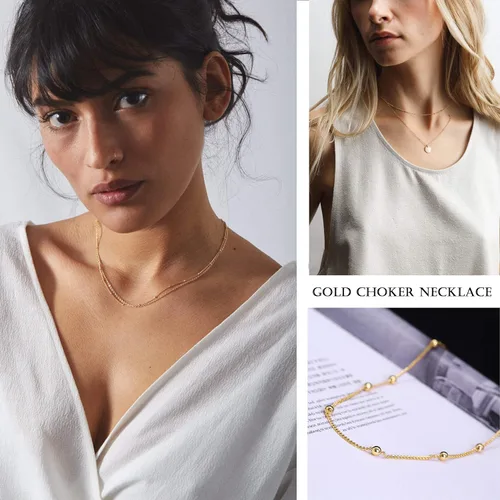 Vista 6 de Gargantilla de oro de 18 quilates, joyería delicada para mujeres de 16 pulgadas, con dije, cadena de eslabones