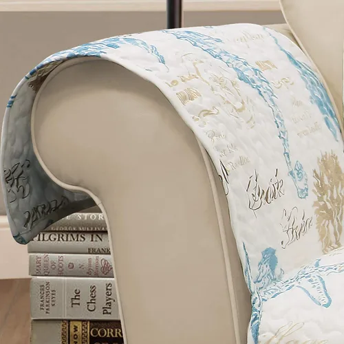 Vista 2 de Lush Decor Harbor Life Protector de muebles, silla con brazo, 71 pulgadas de ancho x 75 pulgadas de largo, azul y gris pardo, funda de silla