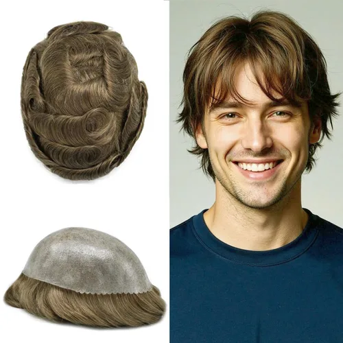 Vista 435 de Toupee para hombre 100% cabello humano real tupé para hombres 0.004 in piel de poliuretano para hombre, sistema de reemplazo de piezas de pelo