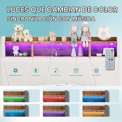 Vista 5 de LIKIMIO Marco de cama individual con 2 cajones de almacenamiento, estación de carga y luces LED, cama plataforma individual tapizada con cabecera