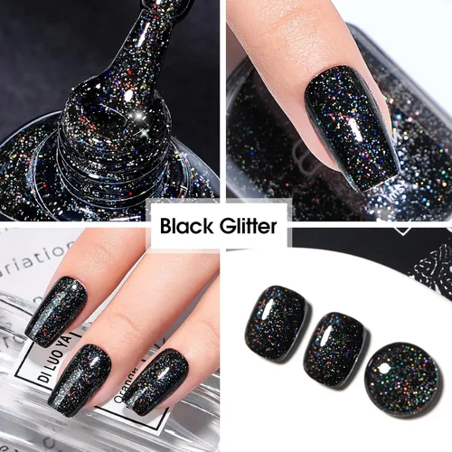 Vista 5 de COSMOO Esmalte de uñas de glitter negro de secado rápido, 12 ml, resistente a las astillas, vegano, de secado rápido, con vetas, de larga duración