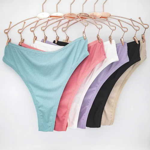 Vista 4 de PSEFNAGX Tanga de algodón acanalado transpirable sin costuras de cintura alta para mujer, ropa interior de talla grande