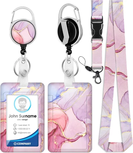 Vista 8 de Soporte para tarjetas de identificación con cordón y clip retráctil para carretes de insignias, cordón de mármol para identificación, protector