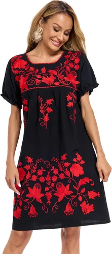 Vista 43 de YZXDORWJ Vestido bordado mexicano de manga corta para mujer 222BK