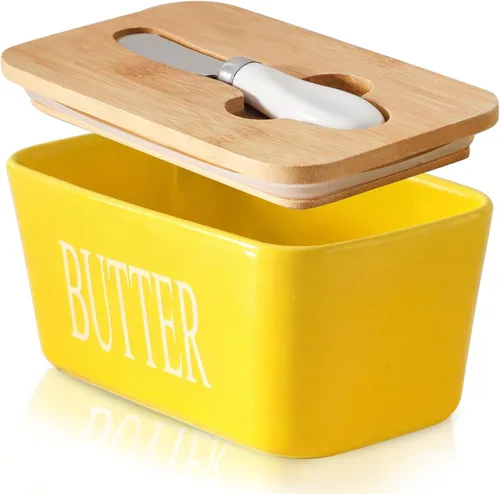 Vista 8 de Hasense Mantequillera con Tapa, Plato de Mantequilla de Cerámica con Cuchillo para Encimera, Recipiente Hermético Cubierto para Mantener Negro