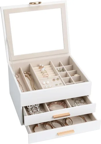 Vista 10 de Elegant Gift Jewelry Box with Mirror - 3-Layer Organizer for Earrings, Rings, Necklaces, Ready to Give for Birthday Anniversary Christmas Apricot