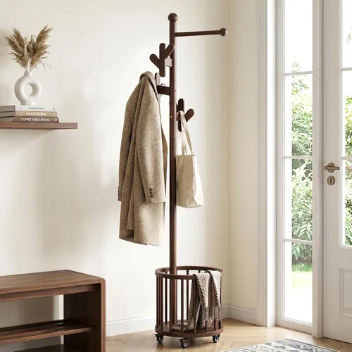 Vista 9 de CozyDH Perchero de madera con soporte para paraguas y ruedas, perchero independiente con múltiples ganchos, resistente para entrada, dormitorio