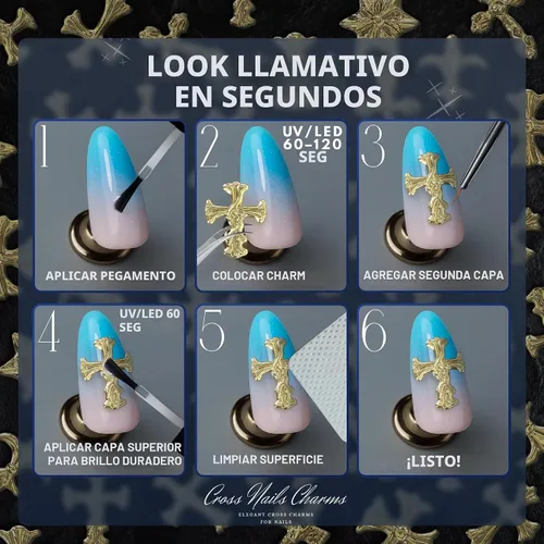 Vista 6 de Dijes de uñas dorados, 100 dijes de cruz dorada para uñas, arte de uñas 3D